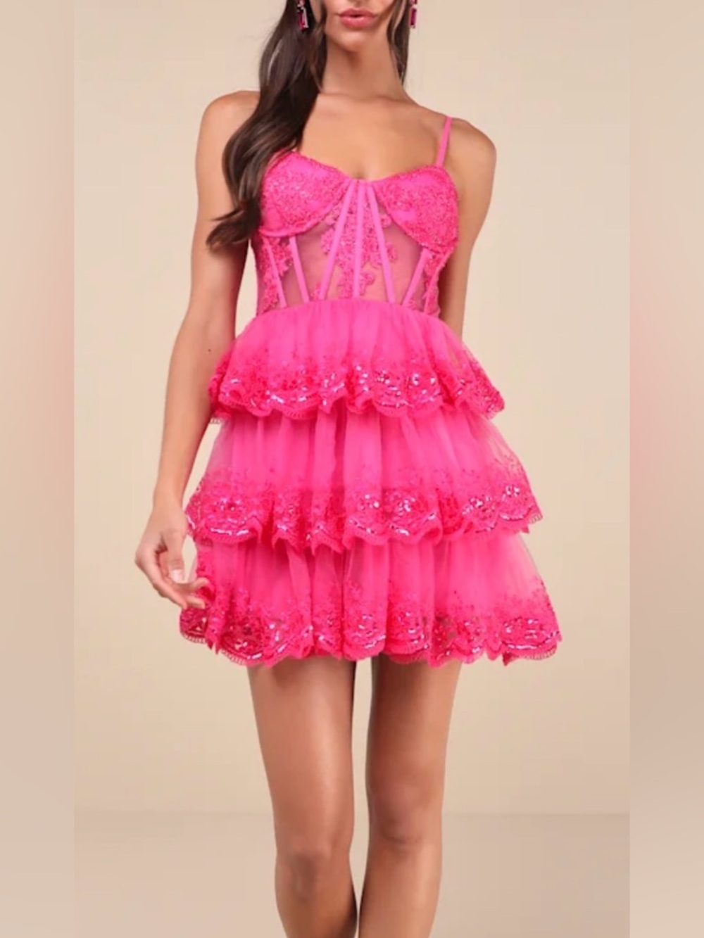 Lulus Dress Medium Tiered Lace Sequin Barbiecore Pink Corset Ruffle Party Mini - Picture 5 of 9
